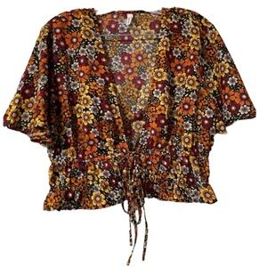 LIVE 4 TRUTH Floral Tie Front Closure Ruffle Hem Orange/Yellow/Brown/Black XL